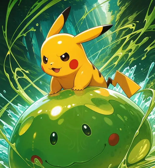 A fan art illustration of Pikachu riding a green blob-like Pokemon in a forest