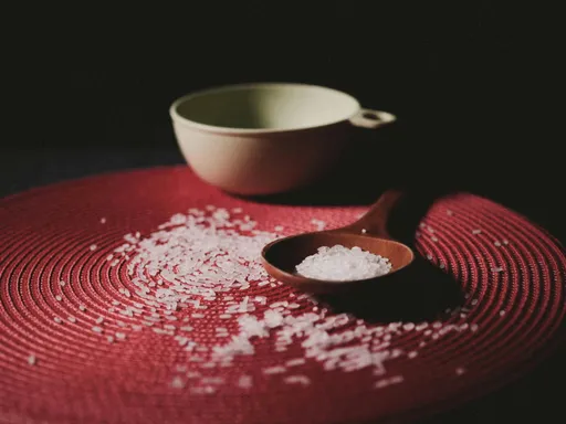Rice grains in a wooden spoon and also scattered across a red mat