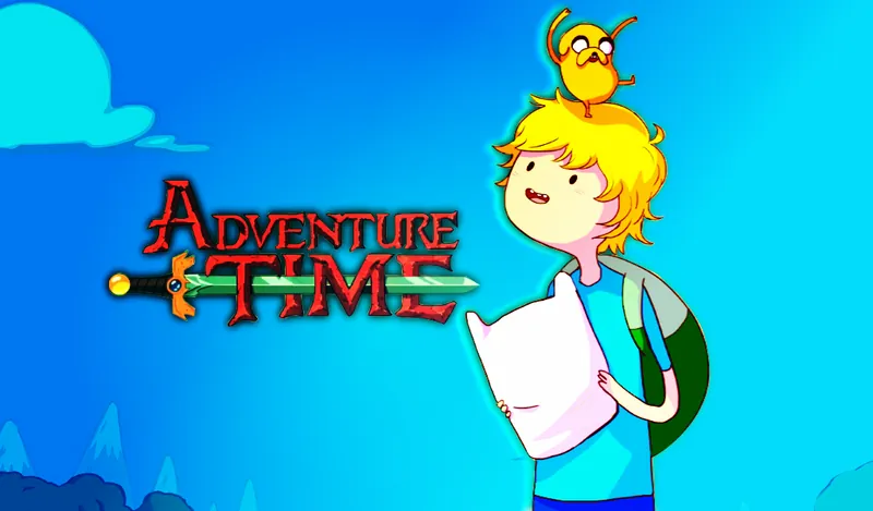 Cartoon image of Jake and Finn next to an Adventure Time logo