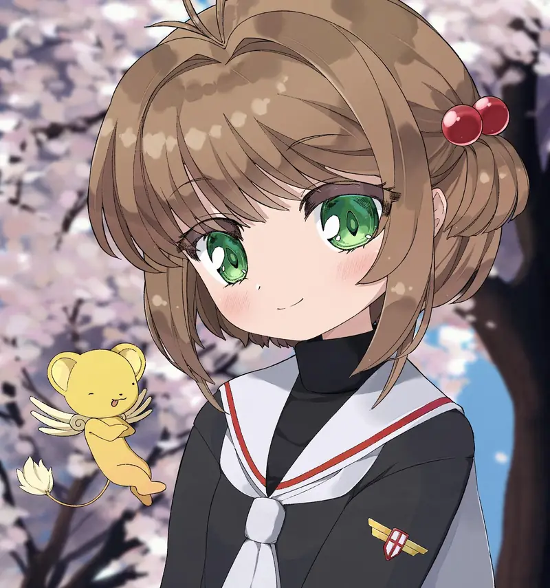 Fan illustration of Sakura smiling and Kero floating in the air next to her. There are trees with pink leaves in the background.