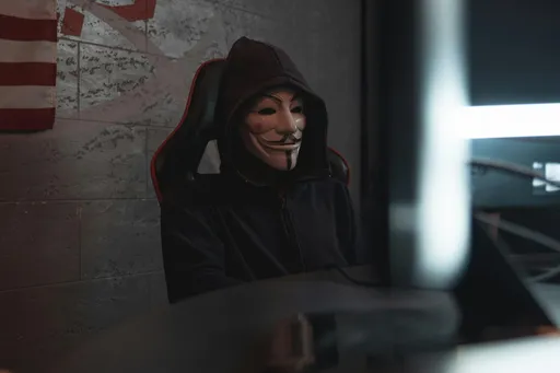 A person in a black hoody and an anonymous mask, sitting in a shadowy room with computer monitors