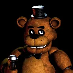 Freddy Fazbear holding a microphone and ominously looking at the camera