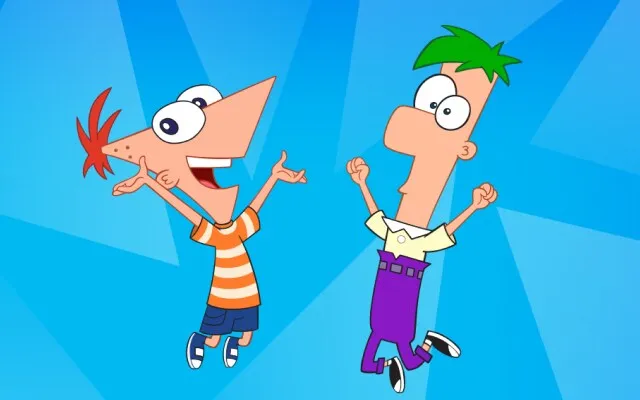 Phineas and Ferb jumping with their arms in the air on a blue background