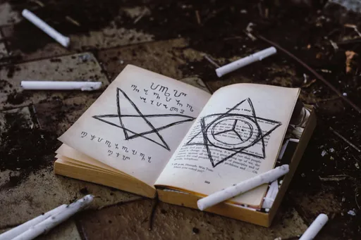 An open book with pentagrams and strange markings that look like rituals or prayers.