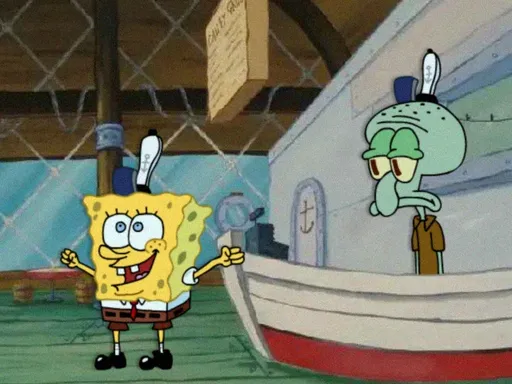 A fan illustration of SpongeBob and Squidward at the Krusty Crab. SpongeBob looks excited, and Squidward frowns behind the register.