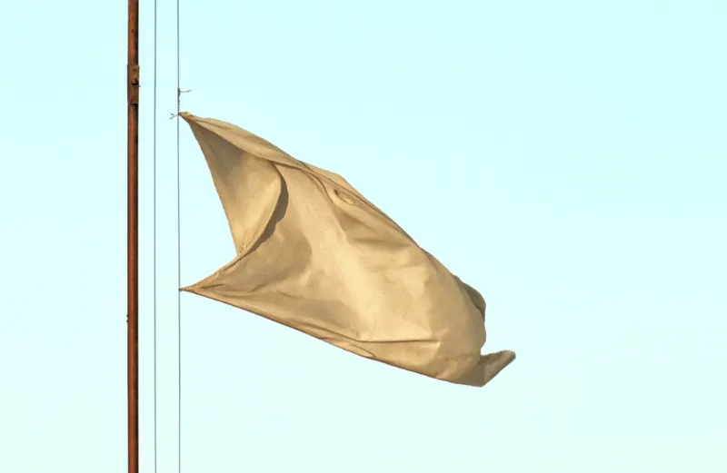 A beige flag waves in the wind