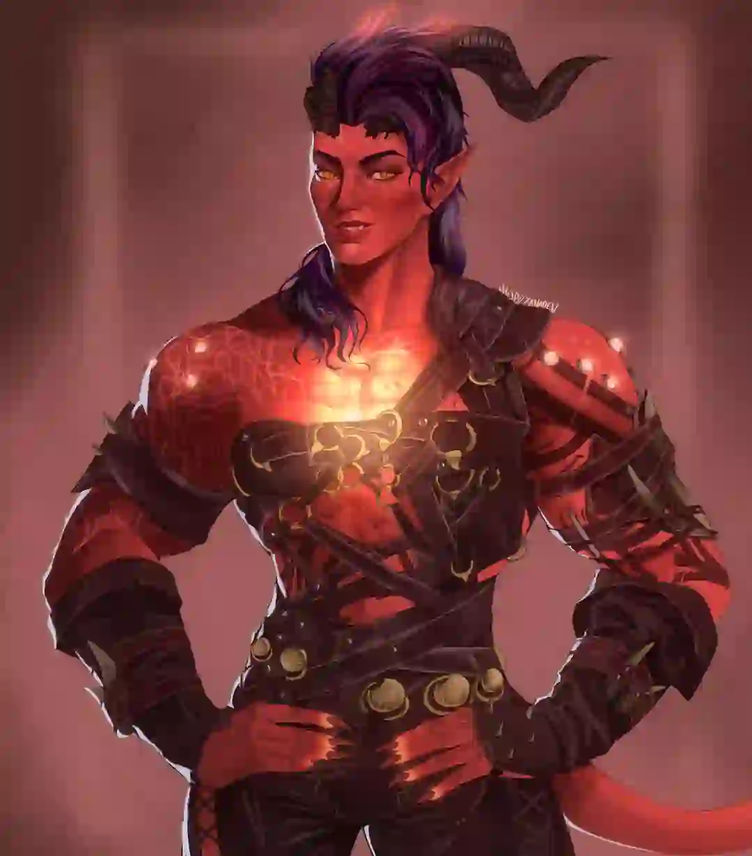 Fan art of Karlach standing in a confident pose with hands on hips. She is very muscular, and her infernal engine glows in her chest.