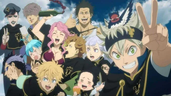 The Black Clover characters crowd together and grin at the camera