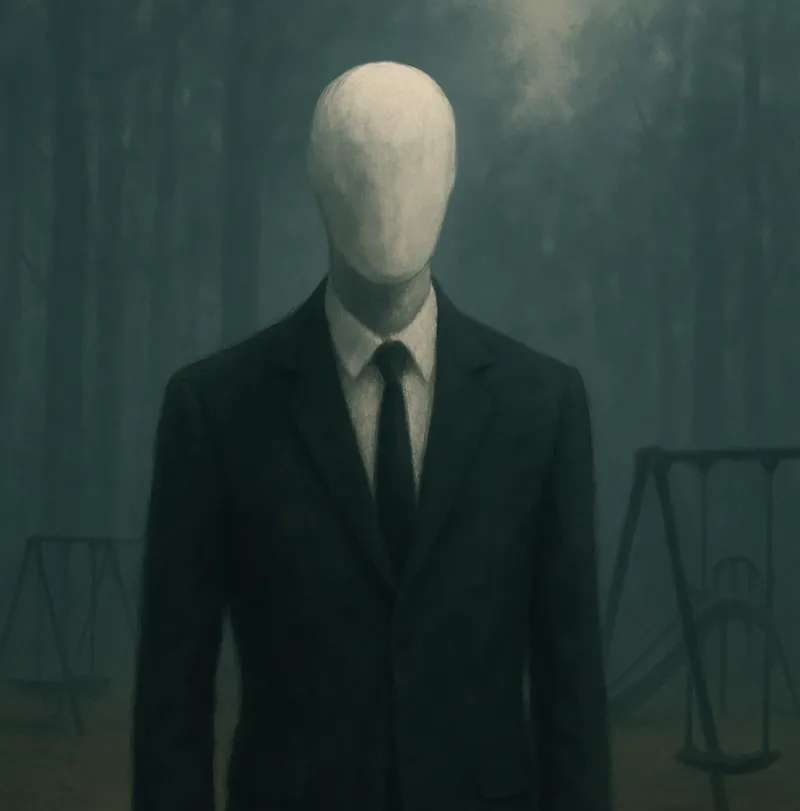 Slender man stares forward with a creepy play set and dark forest behind him