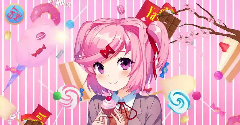 Cute pastel illustration of Natsuki from Doki Doki Literature Club with candy in the background