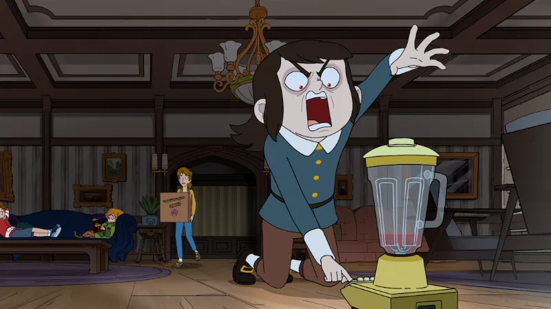 Abaddon angrily uses a blender while the rest of the family looks on from the background