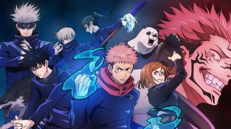 Collage of Jujutsu Kaisen characters with dynamic poses and cursed energy effects