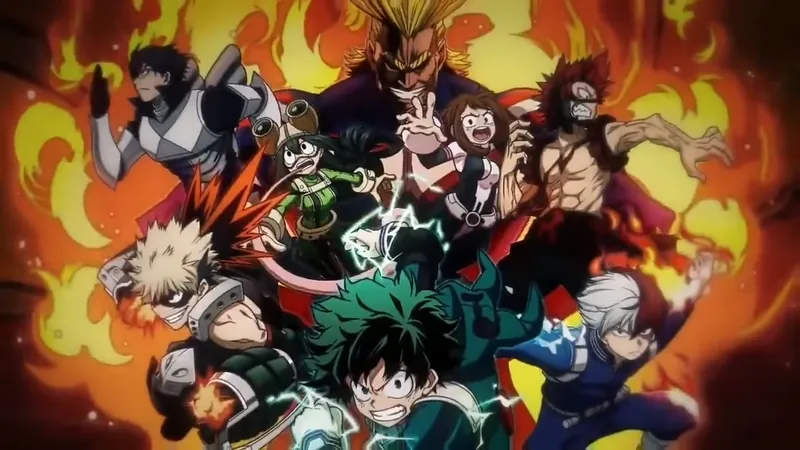 Ensemble of My Hero Academia characters in dynamic hero poses, with Deku in front.