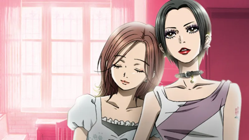 Nana Osaki and Hachi sit together with a pink bedroom in the background