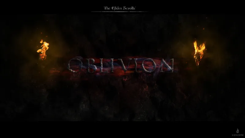 An Oblivion logo with lit torches on either side, over a dark background