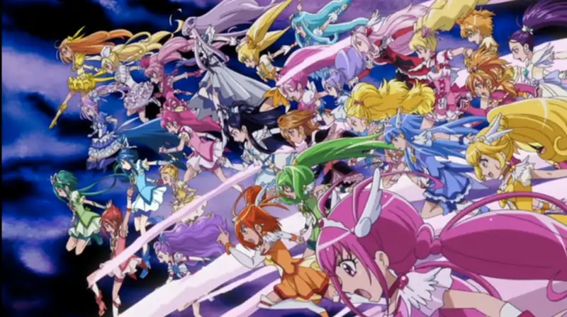 Colorful anime collage of Pretty Cure heroines with sparkles, flowers, stars, and magical effects