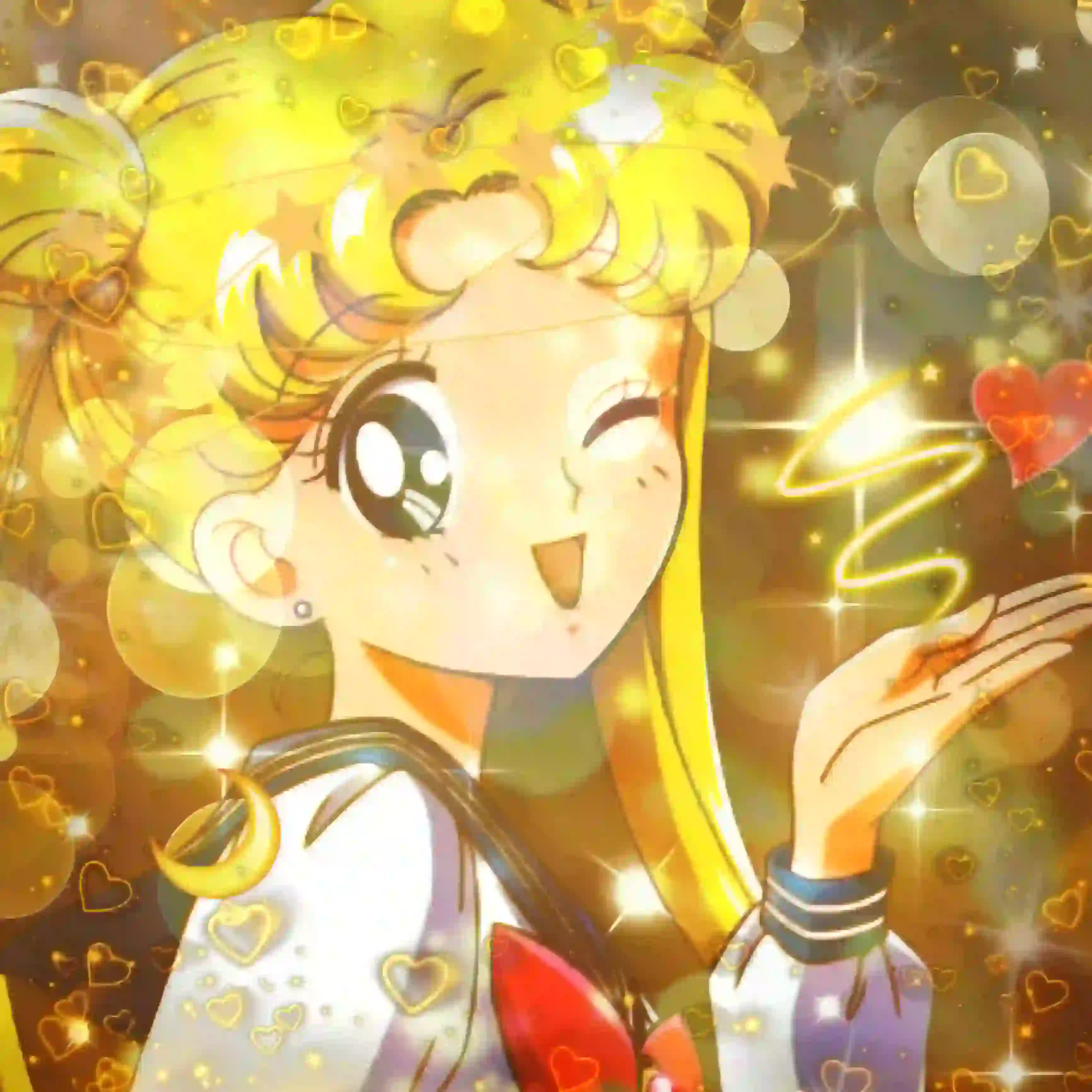 Fan art of Sailor Moon winking and smiling while sparkles rain down around her