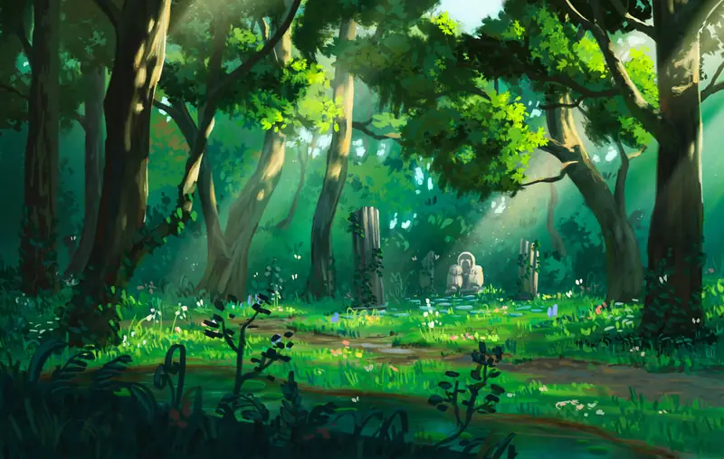 Illustration of a lush forest with sunbeams floating through the trees, reminiscent of the forests in Stardew Valley
